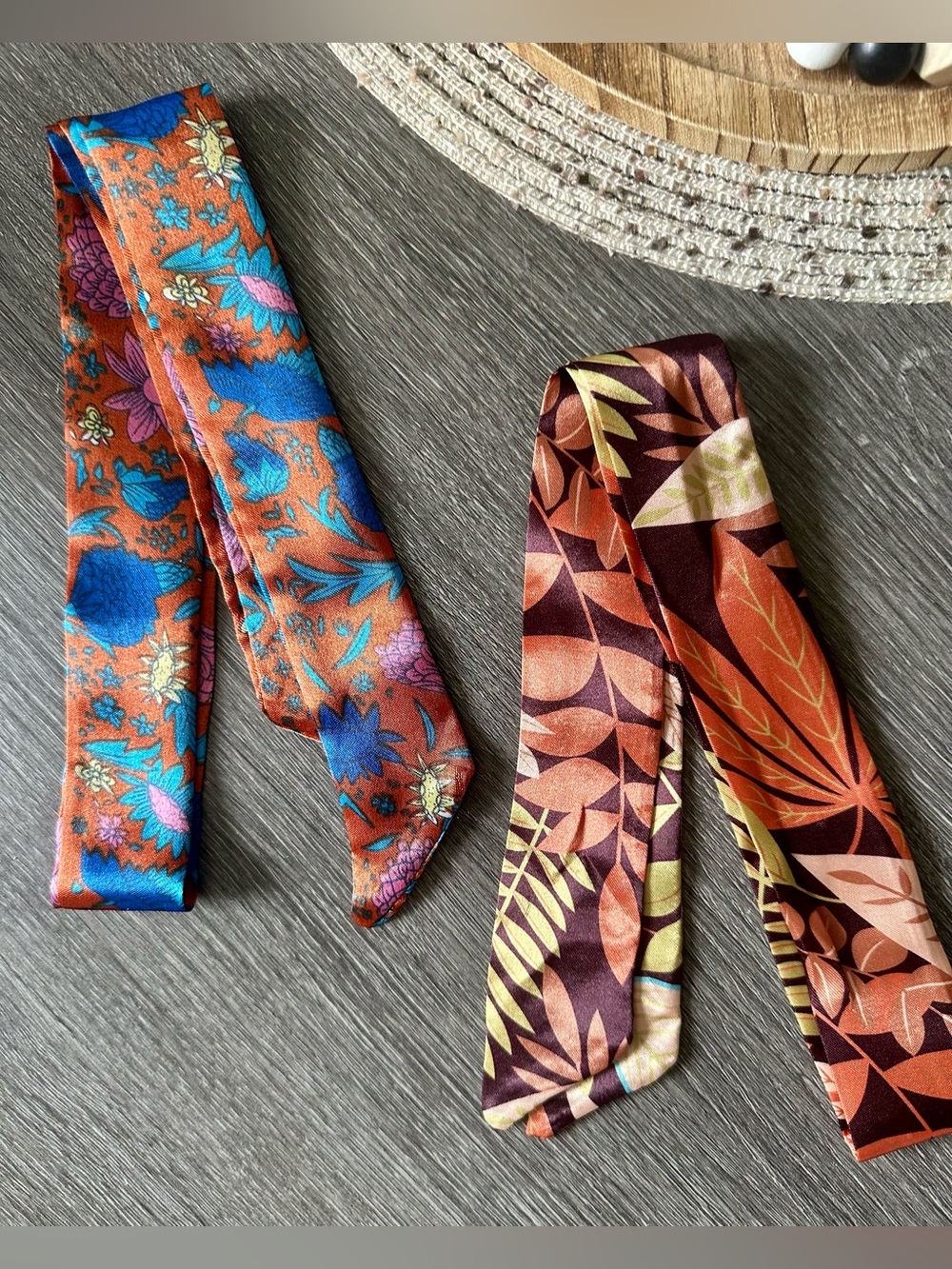 Rust & Teal Floral Silk Twilly Scarves - Set of 2 NWT
